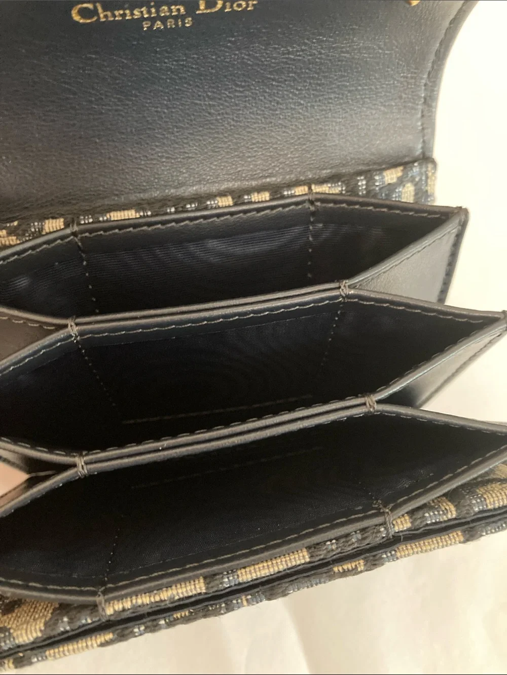 Dior Black & Beige Monogram Saddle Card Holder with Gold D Charm